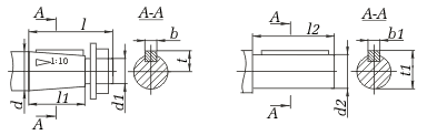 Присоединительные размеры выходных валов двухступенчатых коническо-цилиндрических редукторов КЦ1